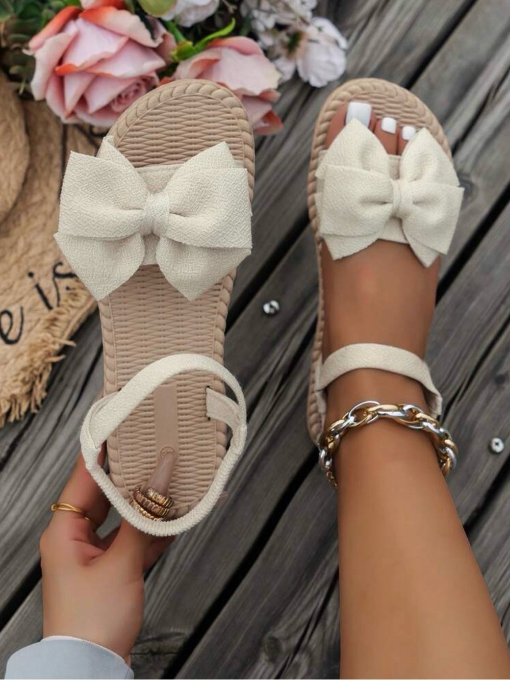 Women's Cream Bow Slide Sandals